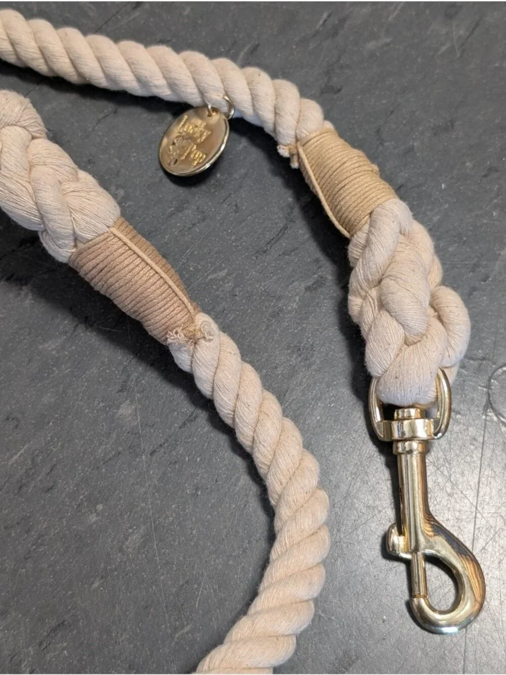 Lucky Pup Cotton Rope Dog Leash Cream Gold Hardware Handcrafted Under 2 pk